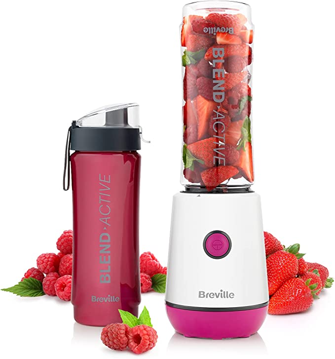 Breville Blend Active Personal Blender Smoothie Maker 350W 2 Portable Blend Active Bottles 600ml Leak Proof Lids White Pink VBL248